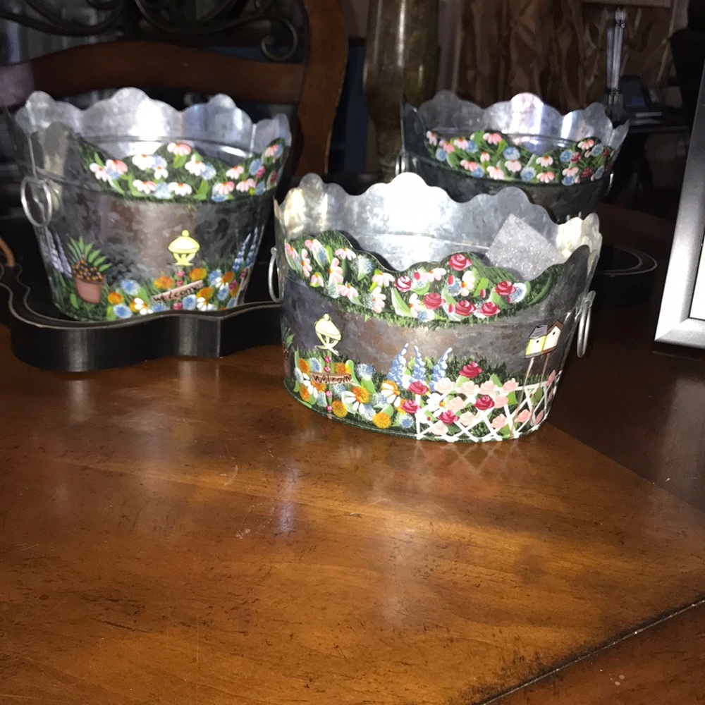 New Set Of 3 Hand Painted Galvanized Buckets
